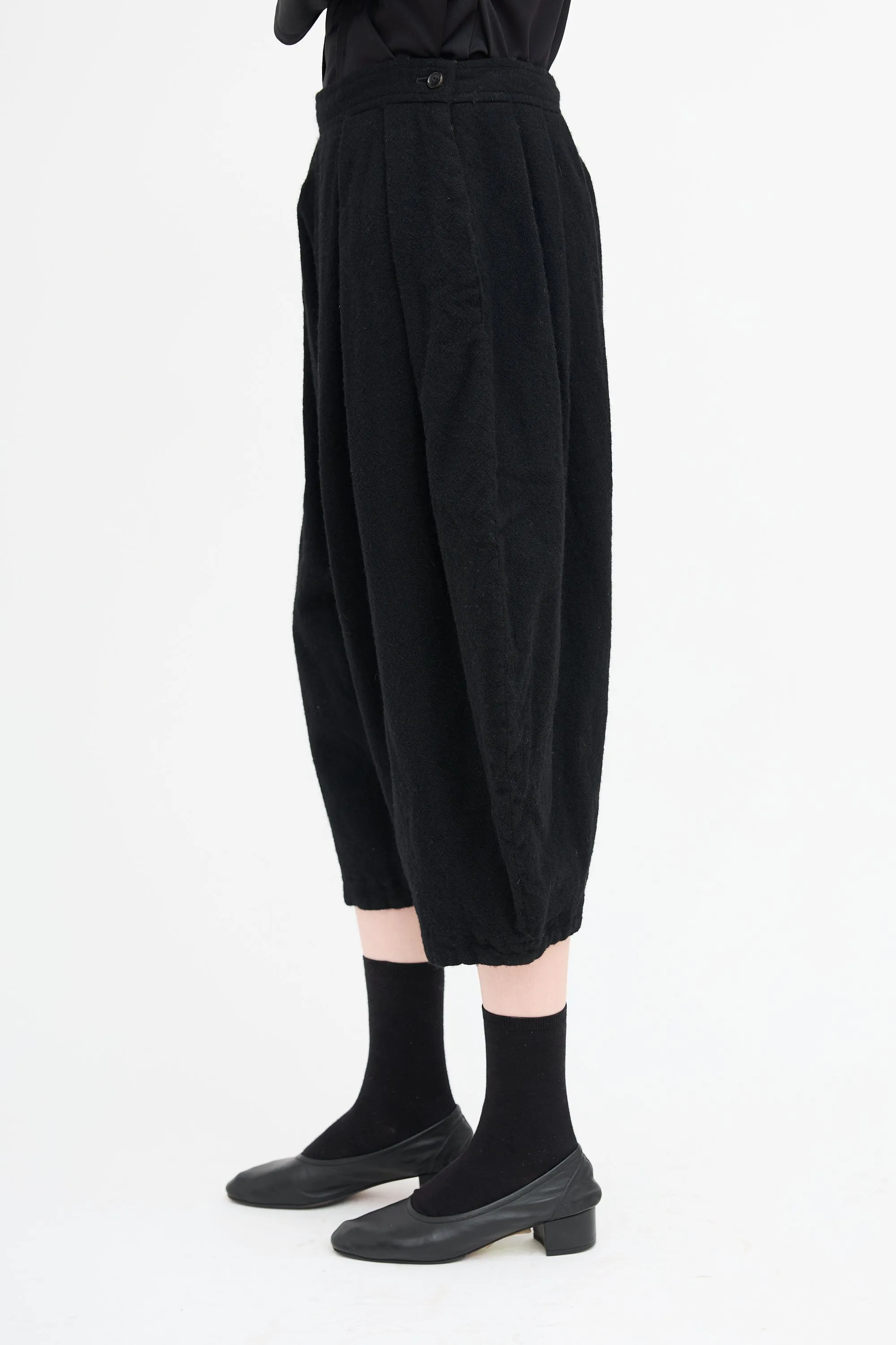 Black Wool Pleated Drop Seat Trouser