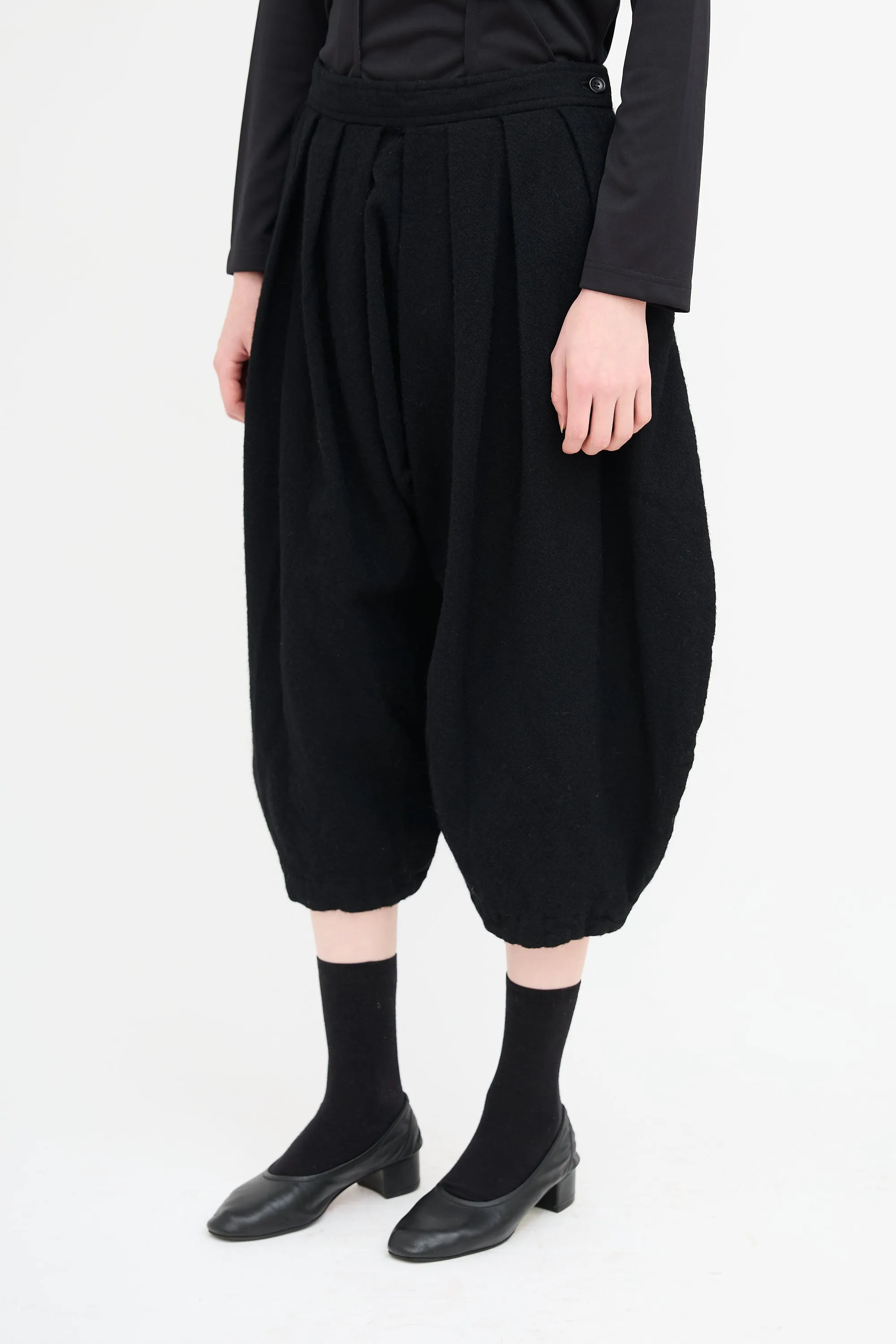 Black Wool Pleated Drop Seat Trouser