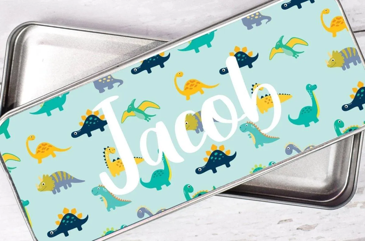 Personalised Dinosaur Pencil Case, Dinosaur School Pencil Case, Kids Dinosaur Metal Pencil Case, Boys School Pencil Tin, Dinosaur Gifts,
