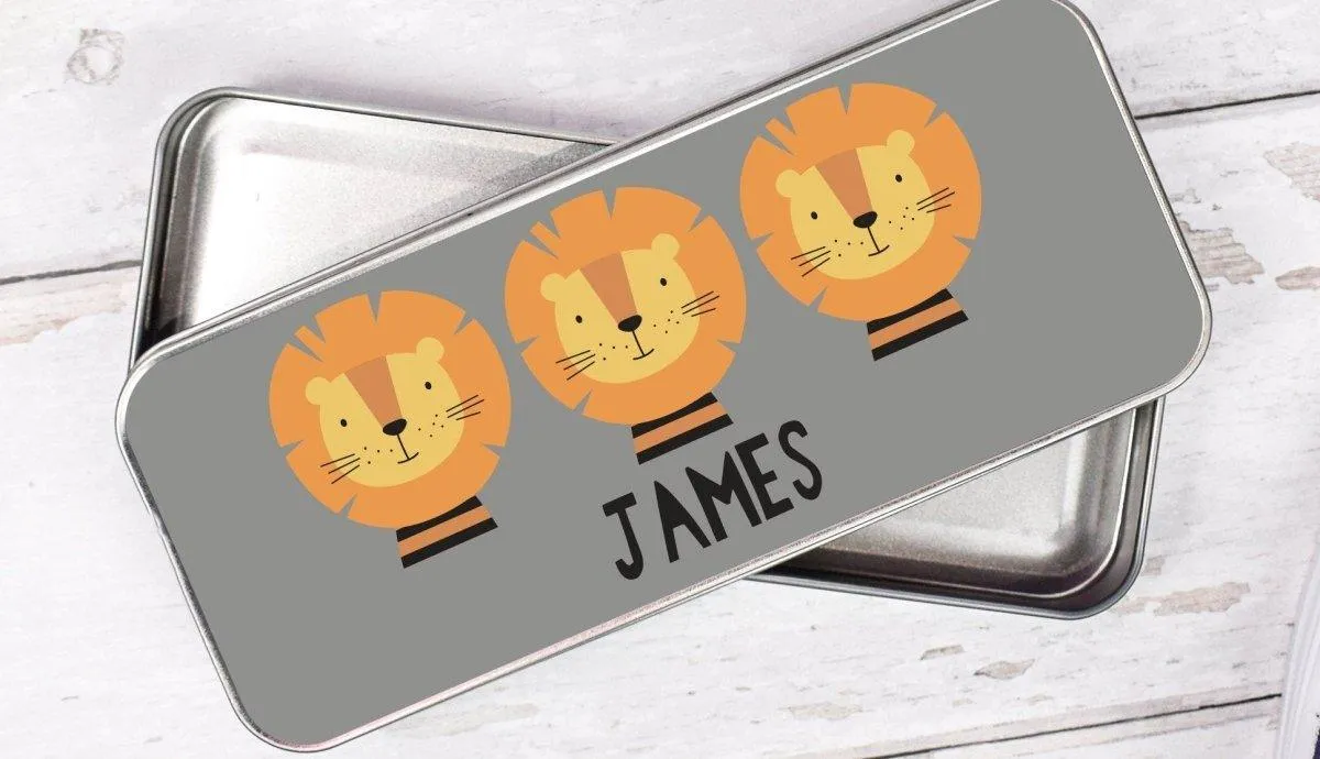 Personalised Lion Pencil Case, Lion School Pencil Case, Kids Lion Metal Pencil Case, Boys School Pencil Tin, Lion Gifts, Girls Pencil Case
