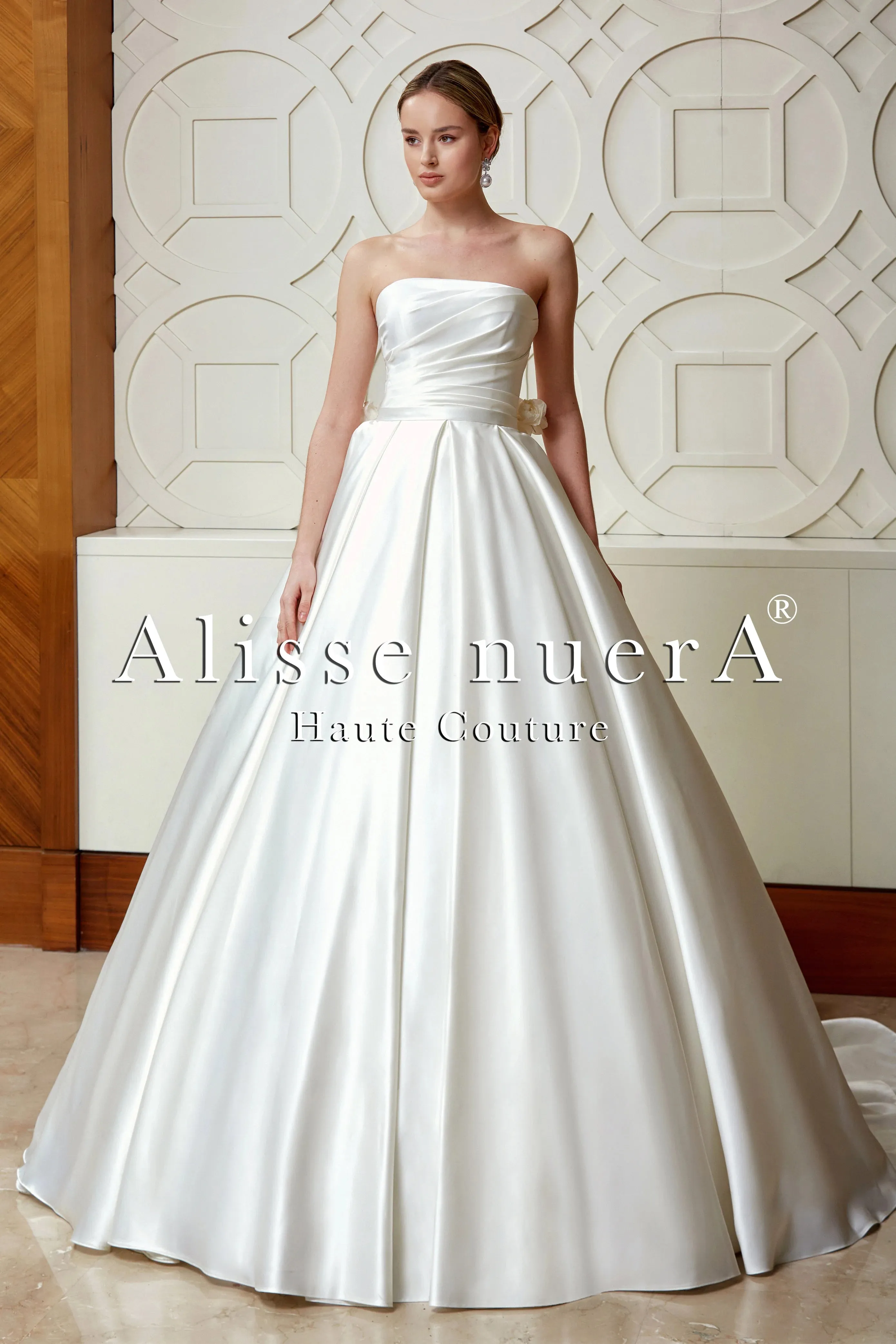 Silk Satin Strapless A-Line Wedding Dress with Back and Train Details