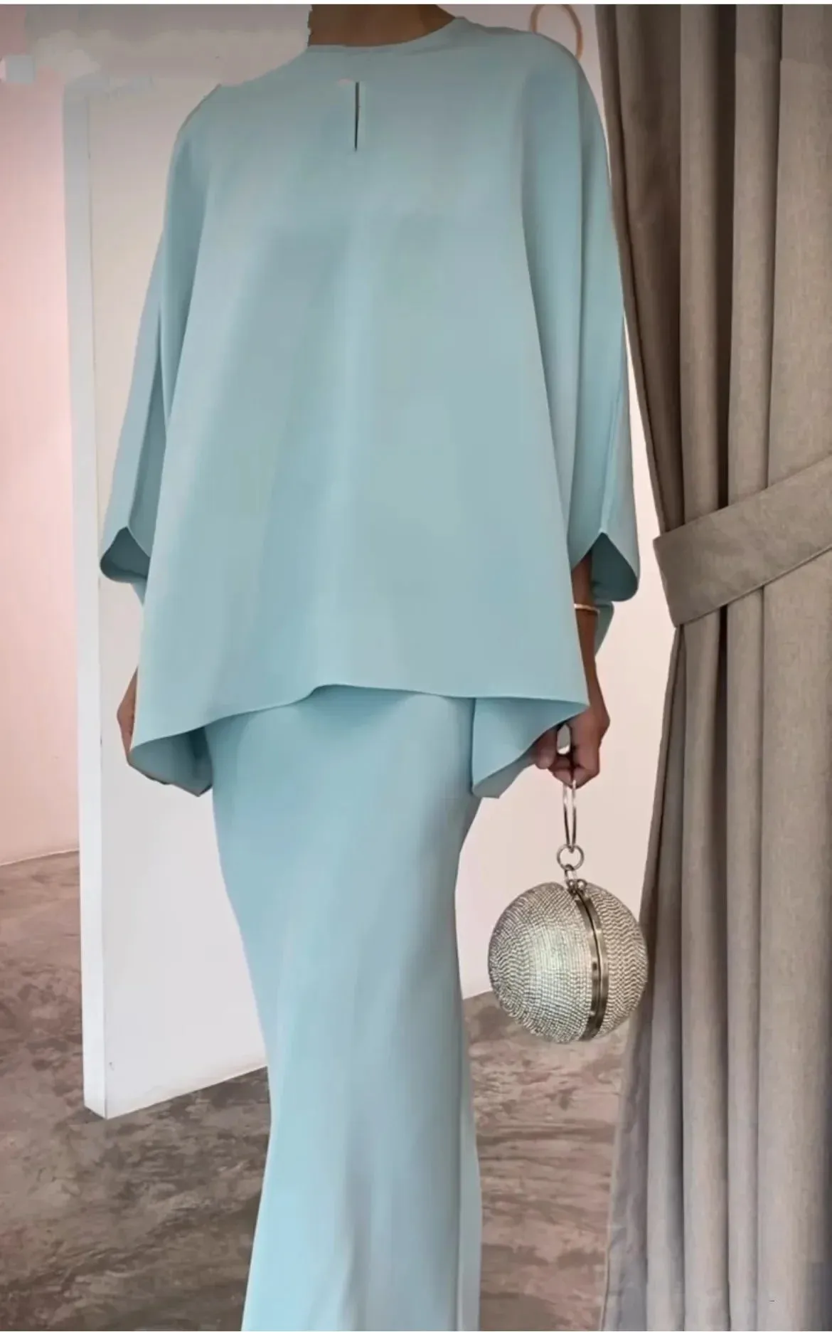 Womens 2pcs Bat Sleeve Skirts Suits Pearl Dress S8010327 XL